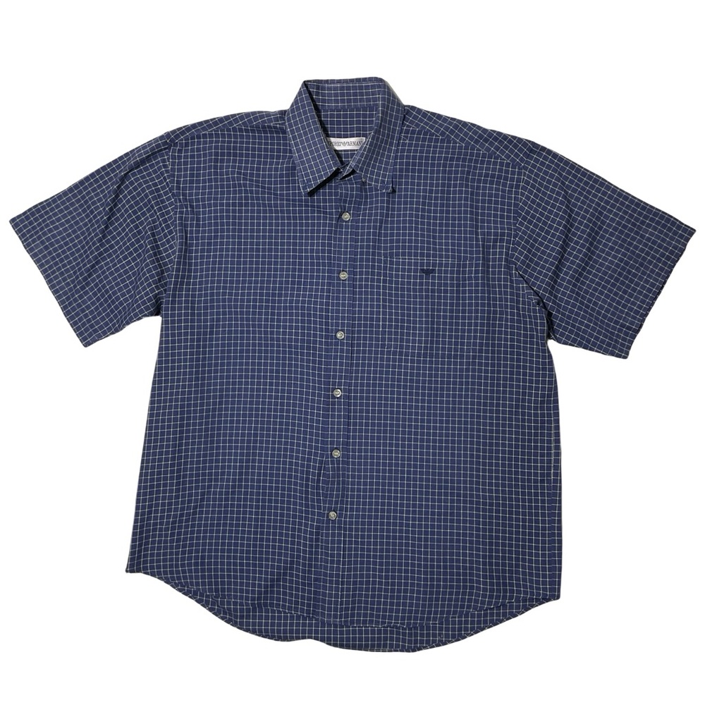 Emporio Armani Blue Checkered Short Sleeve  Button Down Shirt Mens Size XL